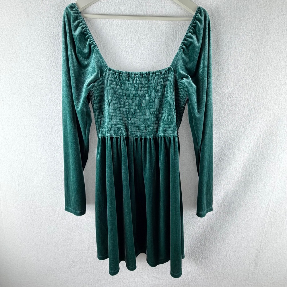 Gap Emerald Green Smocked Velvet Mini Dress Long Sz L Sleeve Square Neck Fairy